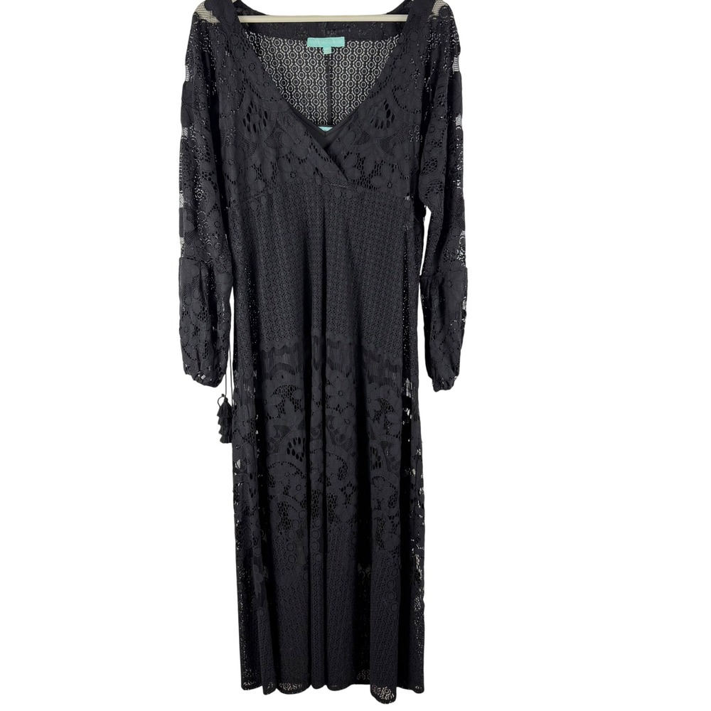 Melissa Odabash Black Lace Maxi Dress Sz OS Long Sleeve Tasseled Belt Goth Witch